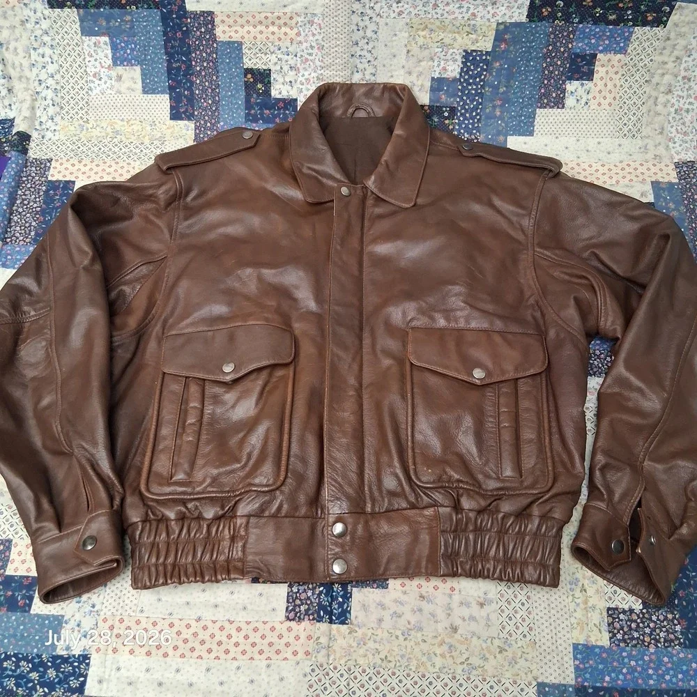 Vintage Brown Leather Bomber Jacket Mens XL Military Aviator Flight Epaulets